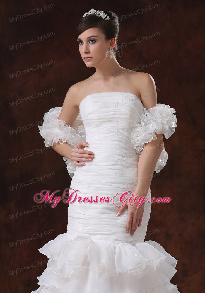 Mermaid Brush Train Organza Ruching Wedding Dress with Ruffled Layers