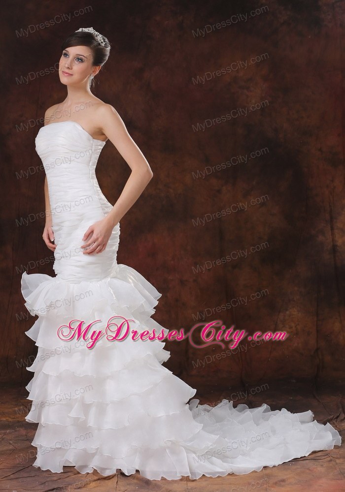 Mermaid Brush Train Organza Ruching Wedding Dress with Ruffled Layers