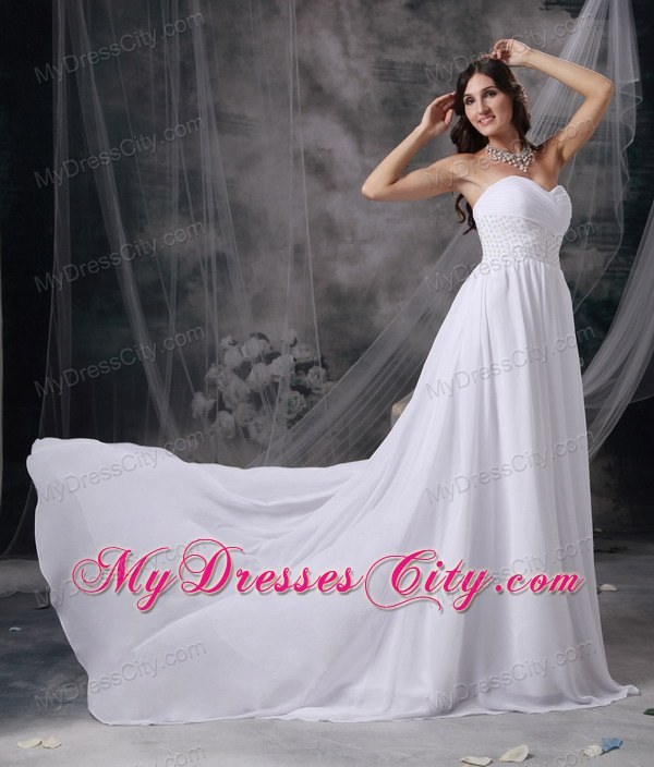 White Empire Sweetheart Court Train Chiffon Ruching Bridal Gown with Beading