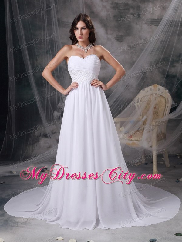 White Empire Sweetheart Court Train Chiffon Ruching Bridal Gown with Beading