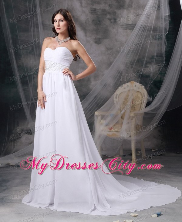 White Empire Sweetheart Court Train Chiffon Ruching Bridal Gown with Beading