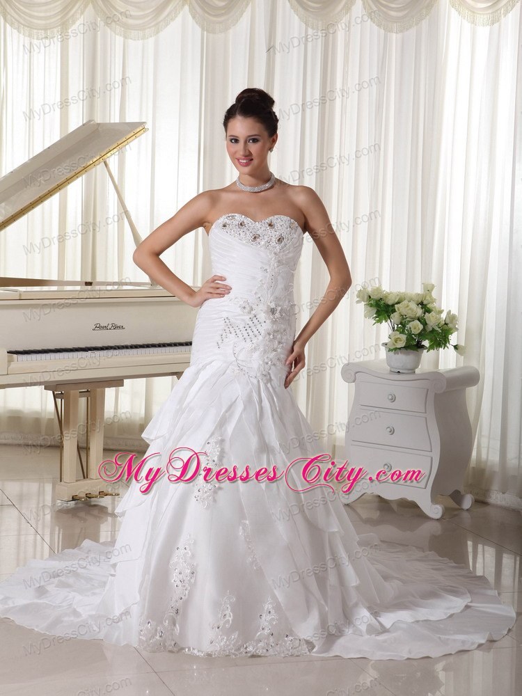 Court Train Beading and Layers Decorate Wedding Gown with Sweetheart