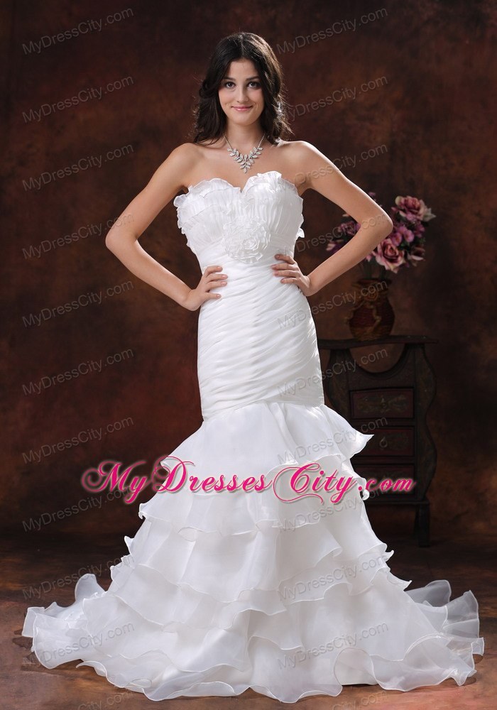 White Mermaid Organza Brush Train Wedding Dress With Ruffled Layers