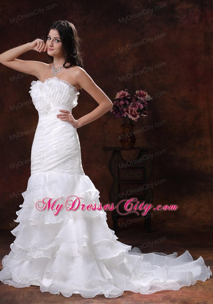 White Mermaid Organza Brush Train Wedding Dress With Ruffled Layers