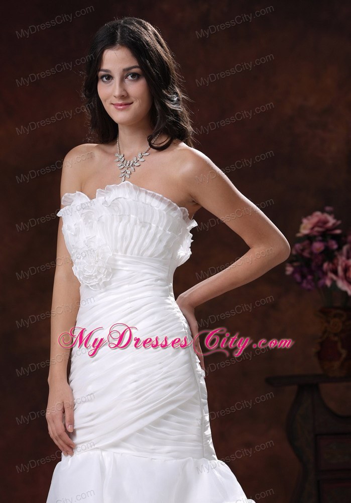 White Mermaid Organza Brush Train Wedding Dress With Ruffled Layers