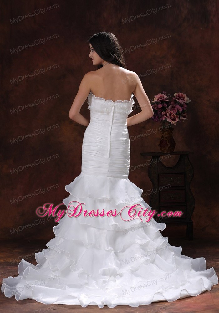 White Mermaid Organza Brush Train Wedding Dress With Ruffled Layers