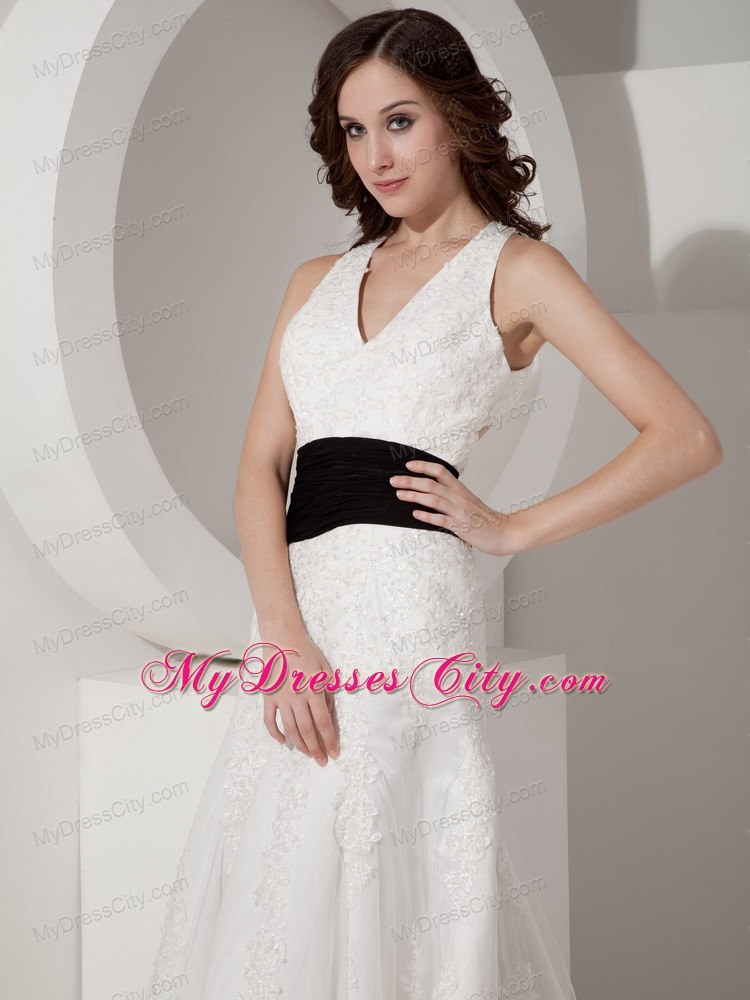 White Halter Court Train Satin and Lace Appliques Bridal Gown with Black Belt