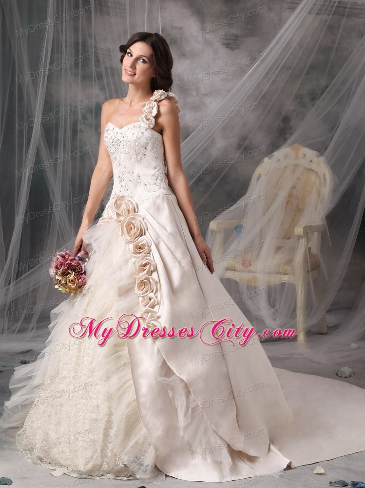 Champagne One Shoulder Chapel Train Bridal Gown with Flowers and Embroidery