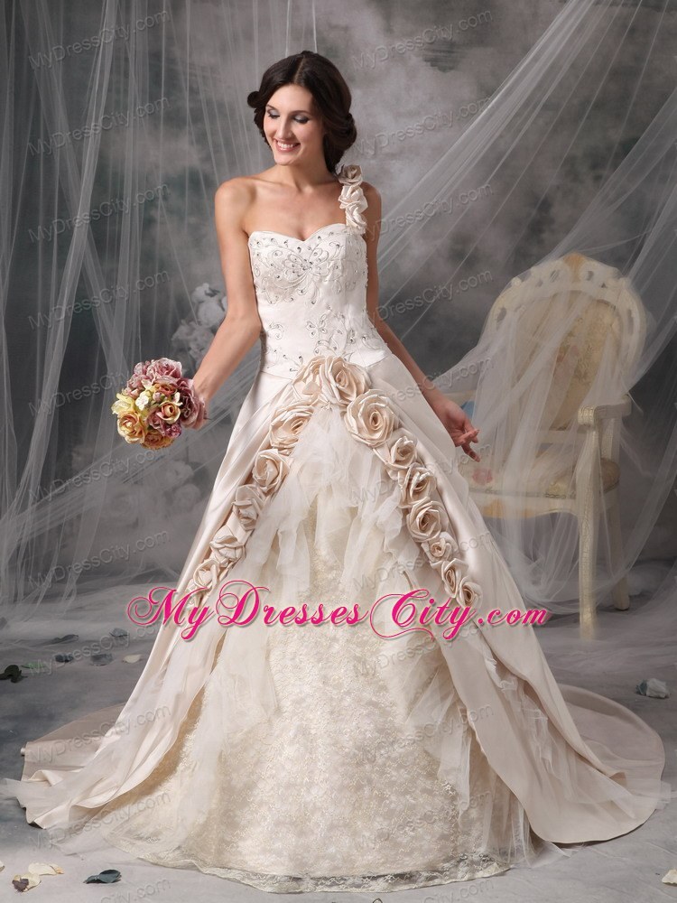 Champagne One Shoulder Chapel Train Bridal Gown with Flowers and Embroidery