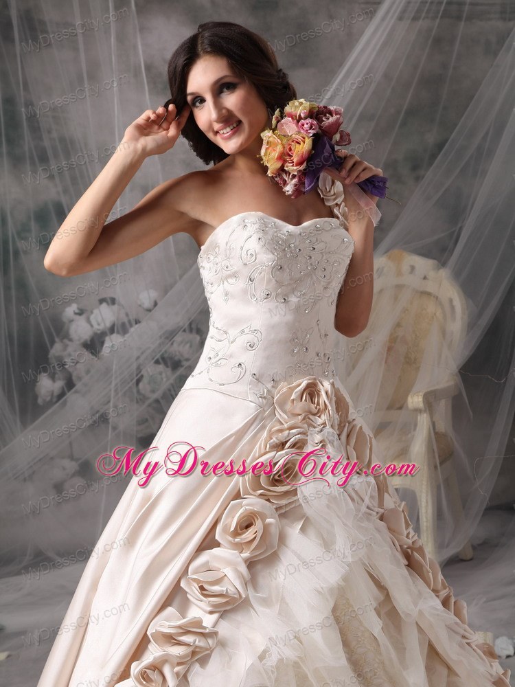 Champagne One Shoulder Chapel Train Bridal Gown with Flowers and Embroidery