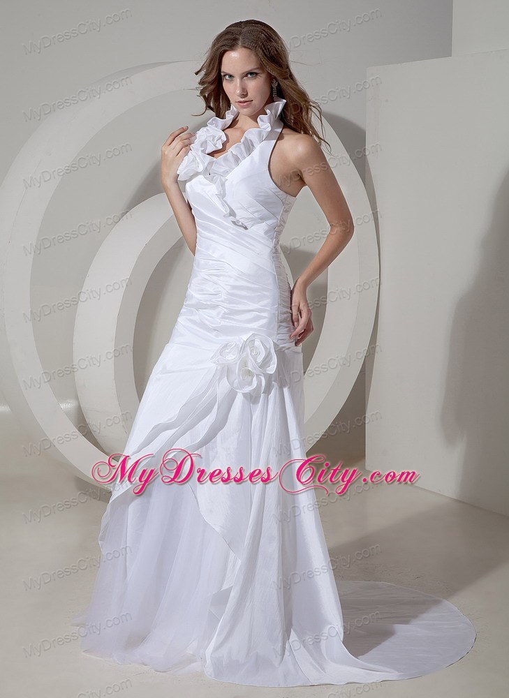 Halter Hand Made Flowers Ruched Court Train Bridal Dresses