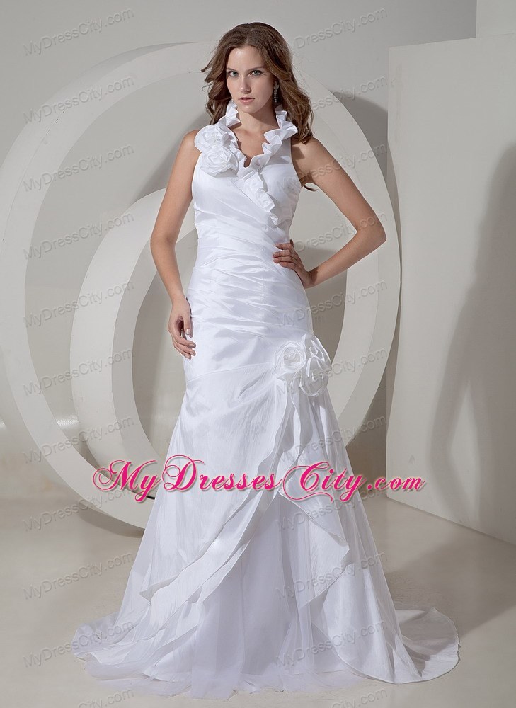 Halter Hand Made Flowers Ruched Court Train Bridal Dresses