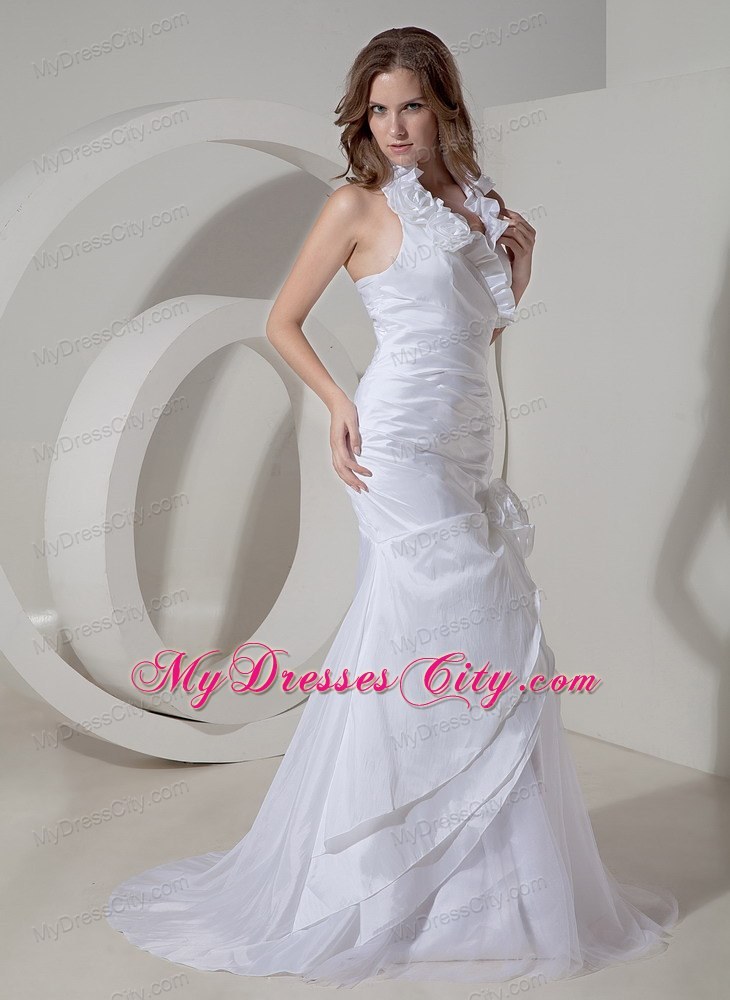 Halter Hand Made Flowers Ruched Court Train Bridal Dresses