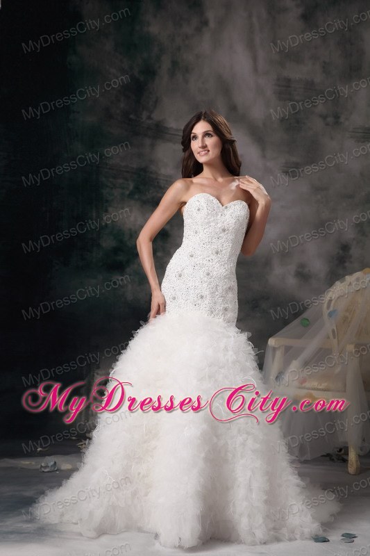 Sweetheart Mermaid Beading Wedding Gown with Feather Brush Train