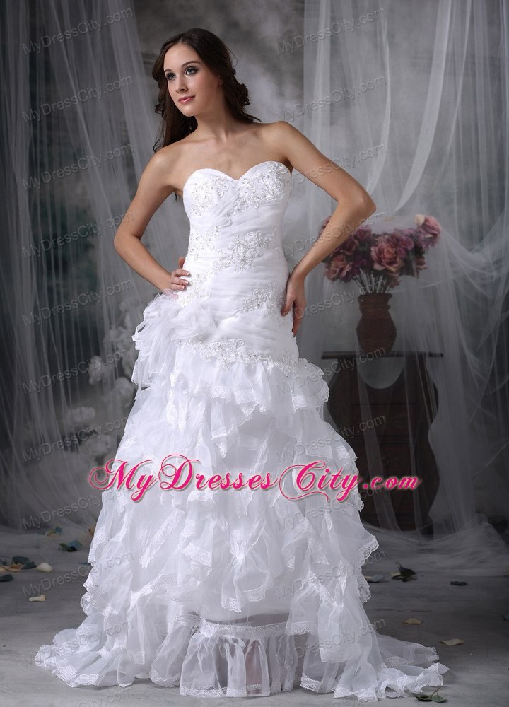 Sweetheart Court Train Appliques and Ruffles Wedding Dresses