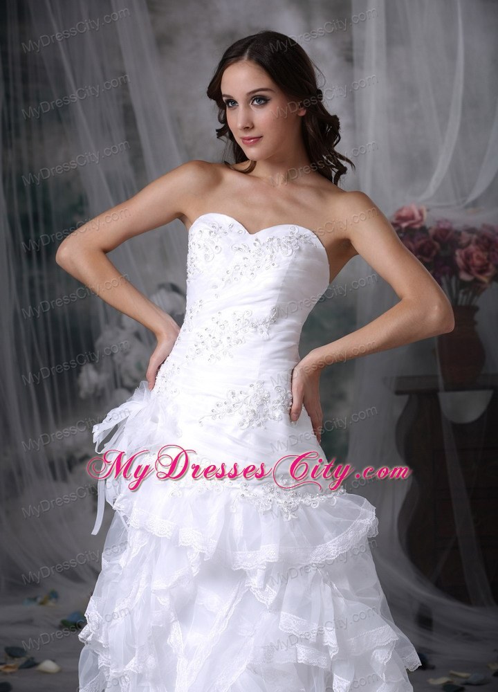 Sweetheart Court Train Appliques and Ruffles Wedding Dresses