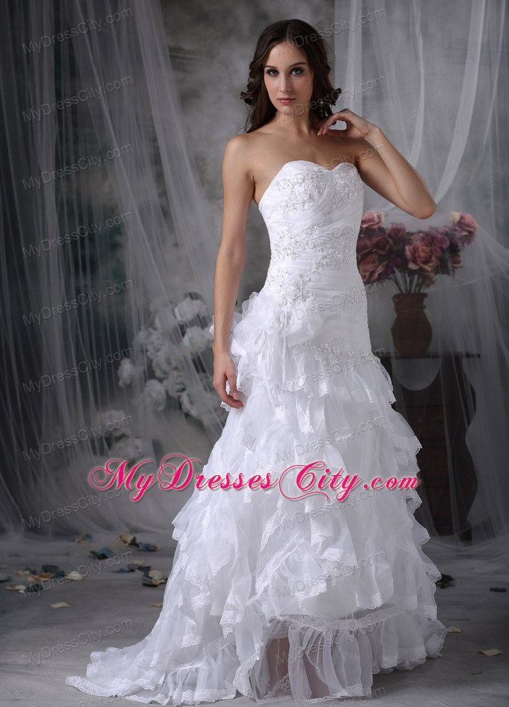 Sweetheart Court Train Appliques and Ruffles Wedding Dresses