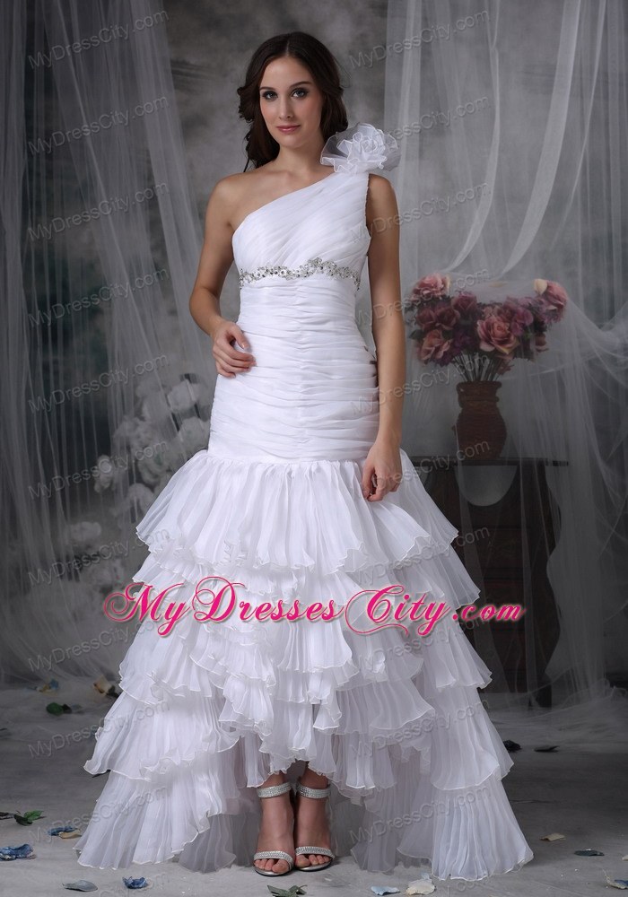 Ruching Hand Made Flower One Shoulder Layers Wedding Dress with Beadings