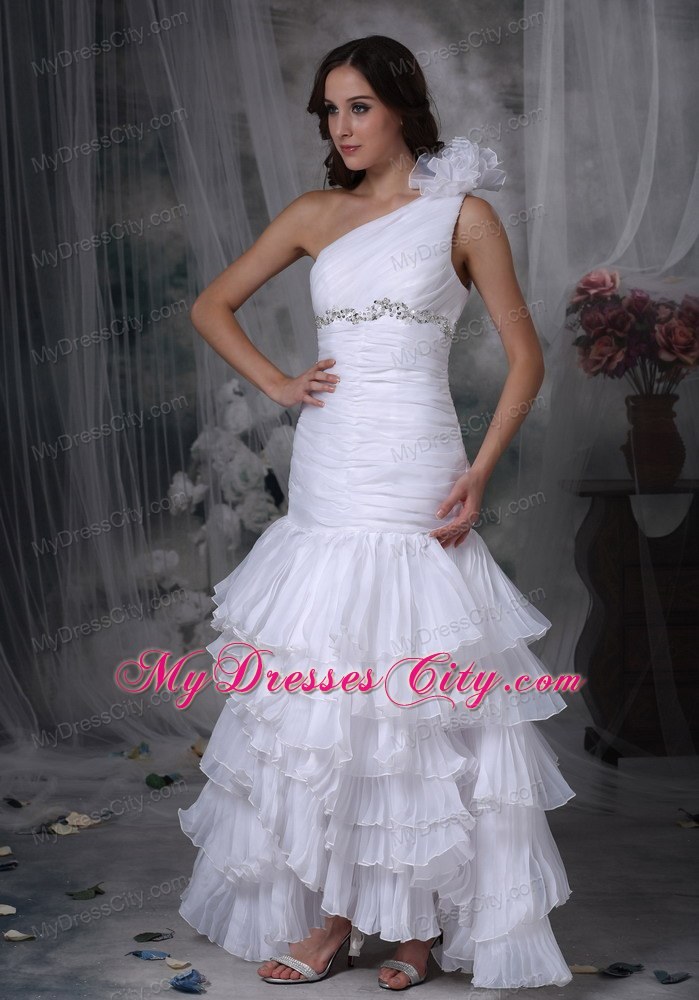 Ruching Hand Made Flower One Shoulder Layers Wedding Dress with Beadings