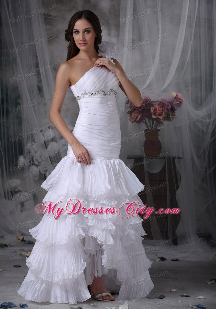 Ruching Hand Made Flower One Shoulder Layers Wedding Dress with Beadings