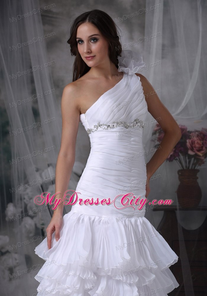 Ruching Hand Made Flower One Shoulder Layers Wedding Dress with Beadings