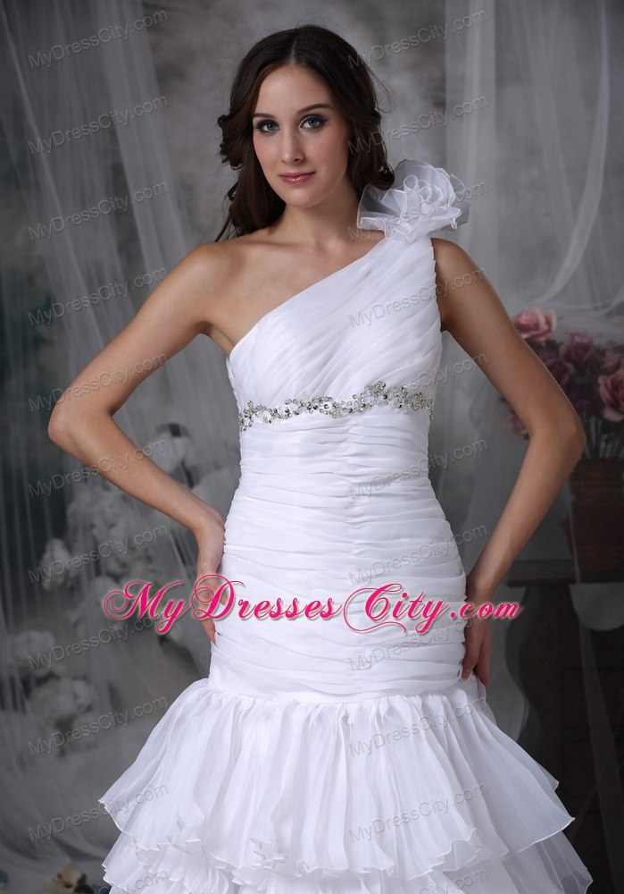 Ruching Hand Made Flower One Shoulder Layers Wedding Dress with Beadings