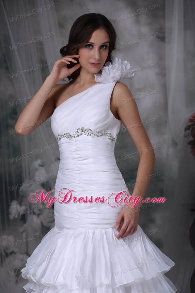 Ruching Hand Made Flower One Shoulder Layers Wedding Dress with Beadings