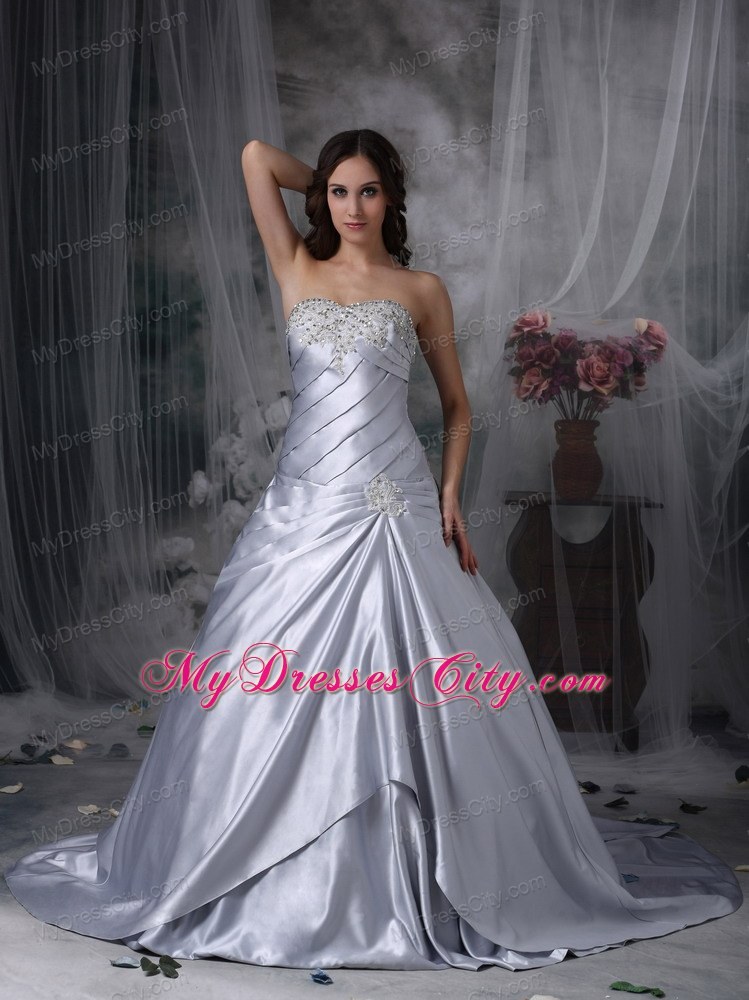 Silver Ruche and Beading Sweetheart Court Train Bridal Gown