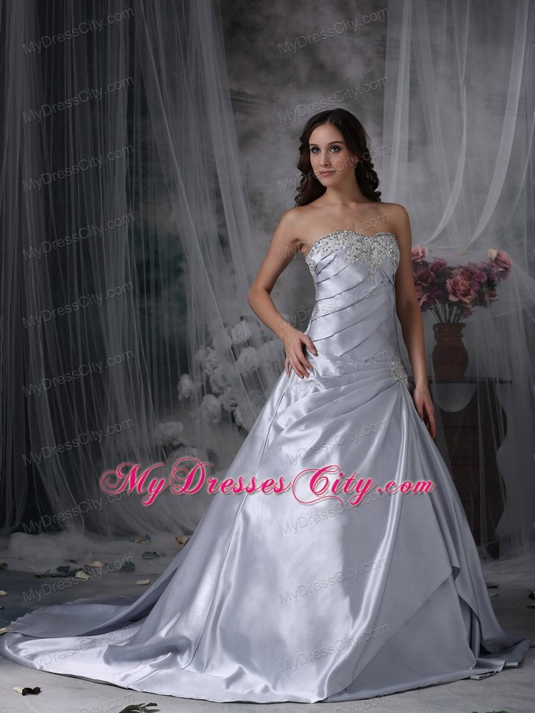 Silver Ruche and Beading Sweetheart Court Train Bridal Gown