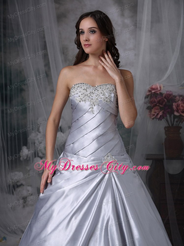 Silver Ruche and Beading Sweetheart Court Train Bridal Gown