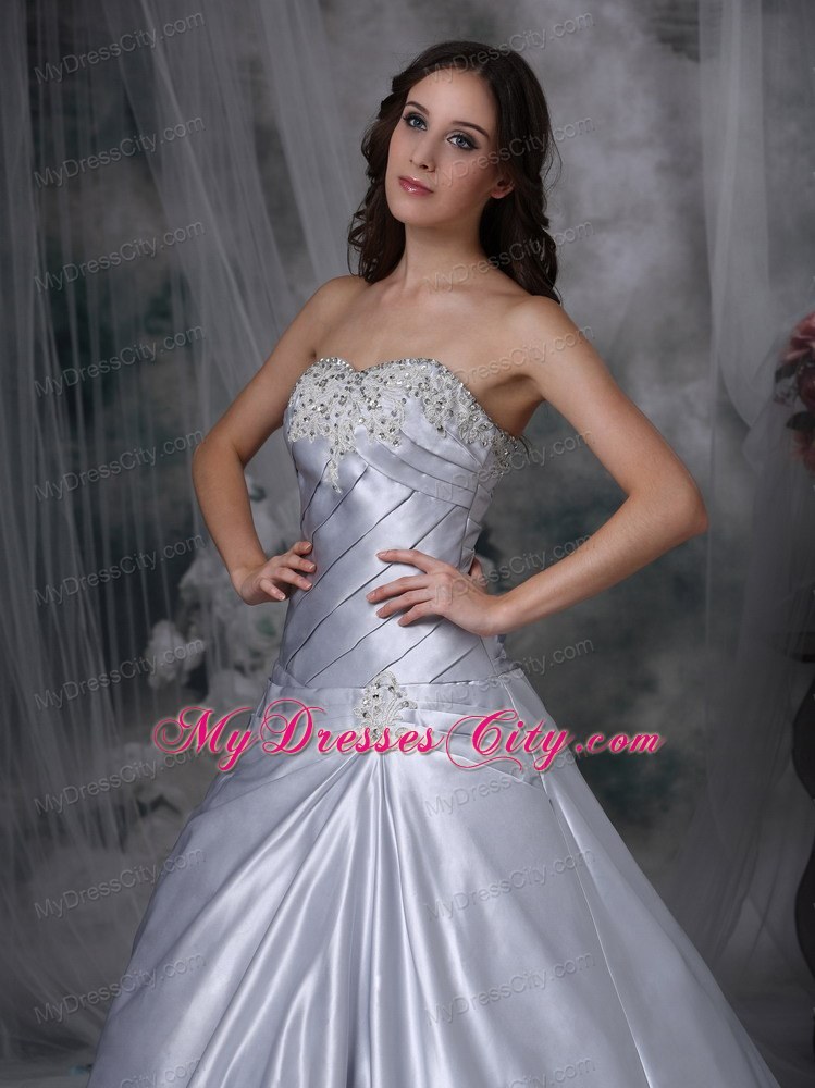 Silver Ruche and Beading Sweetheart Court Train Bridal Gown