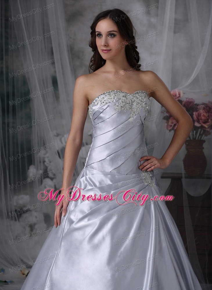 Silver Ruche and Beading Sweetheart Court Train Bridal Gown