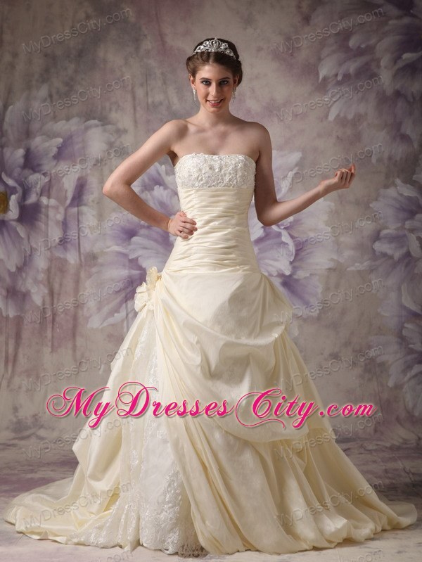 Light Yellow Ruched Hand Made Flowers Brush Train Wedding Gown