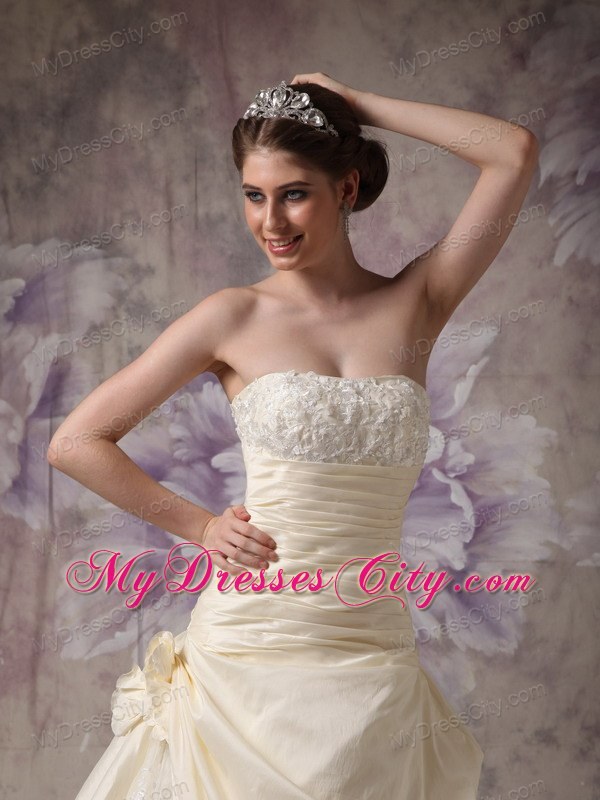 Light Yellow Ruched Hand Made Flowers Brush Train Wedding Gown