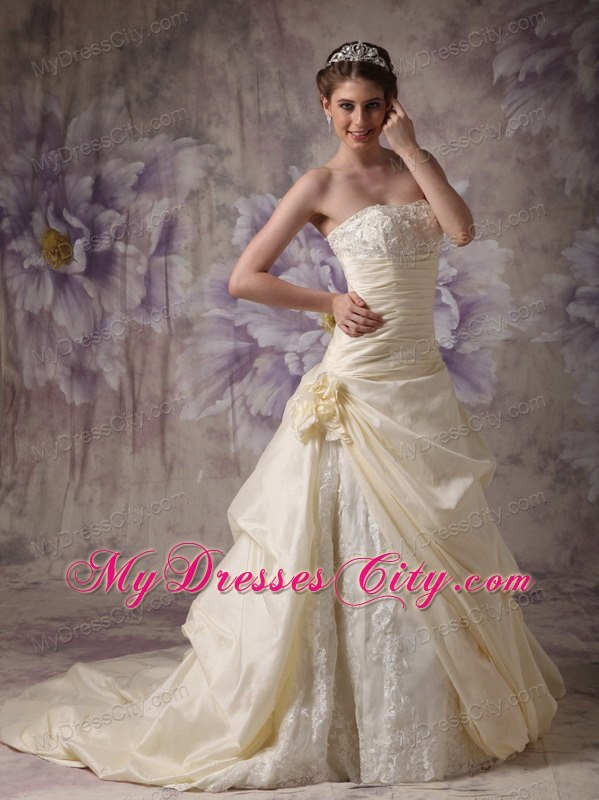 Light Yellow Ruched Hand Made Flowers Brush Train Wedding Gown