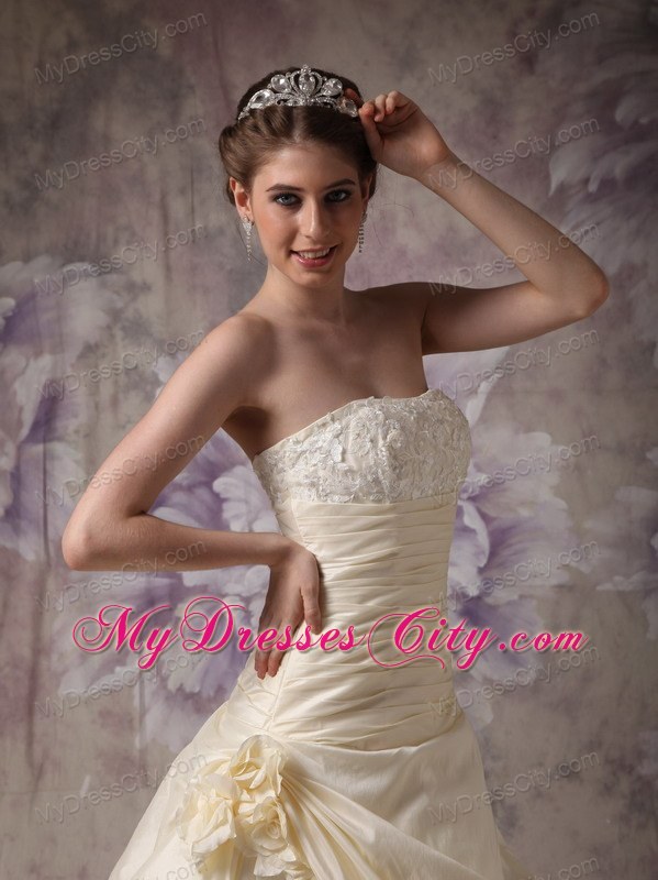 Light Yellow Ruched Hand Made Flowers Brush Train Wedding Gown