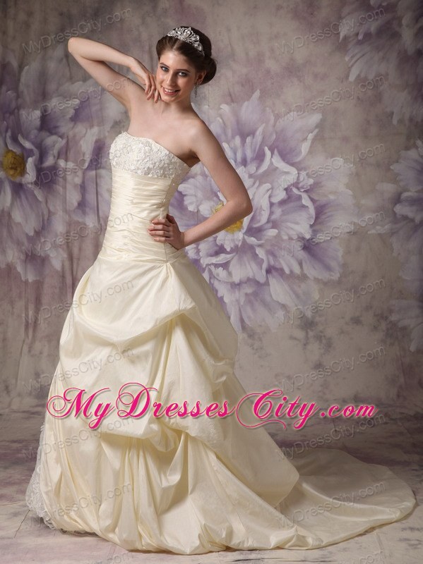 Light Yellow Ruched Hand Made Flowers Brush Train Wedding Gown