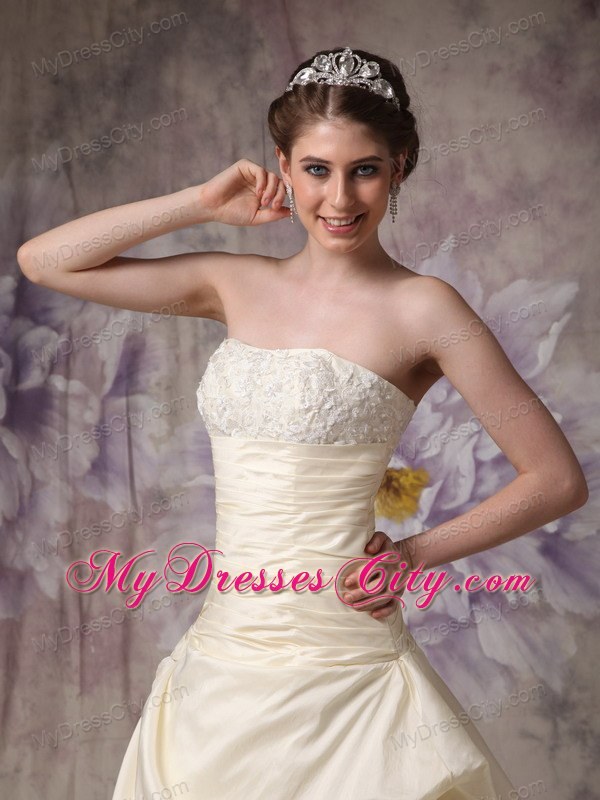 Light Yellow Ruched Hand Made Flowers Brush Train Wedding Gown