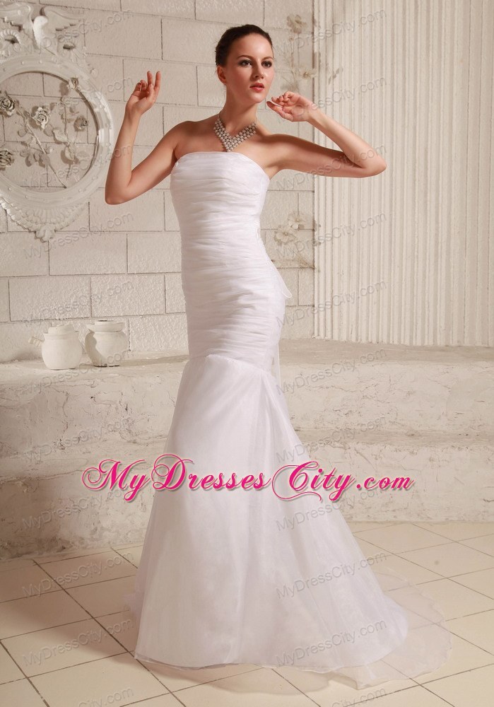 Simple Ruching Strapless Brush Train Bridal Dresses in White