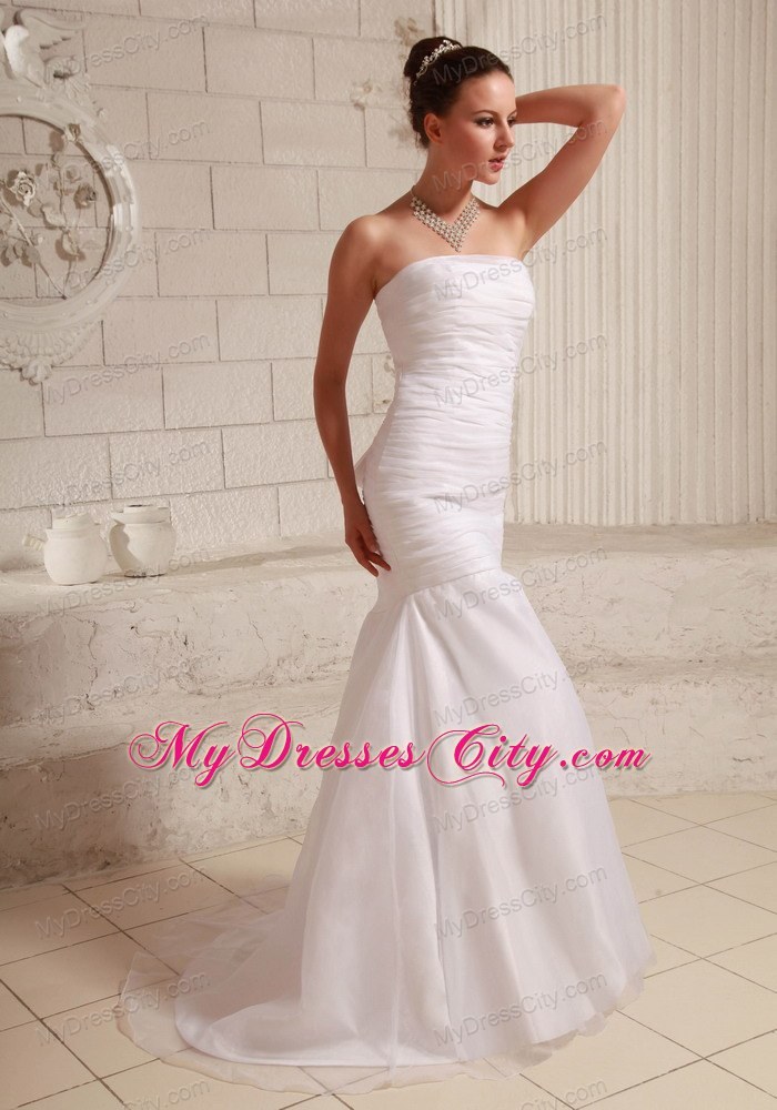 Simple Ruching Strapless Brush Train Bridal Dresses in White