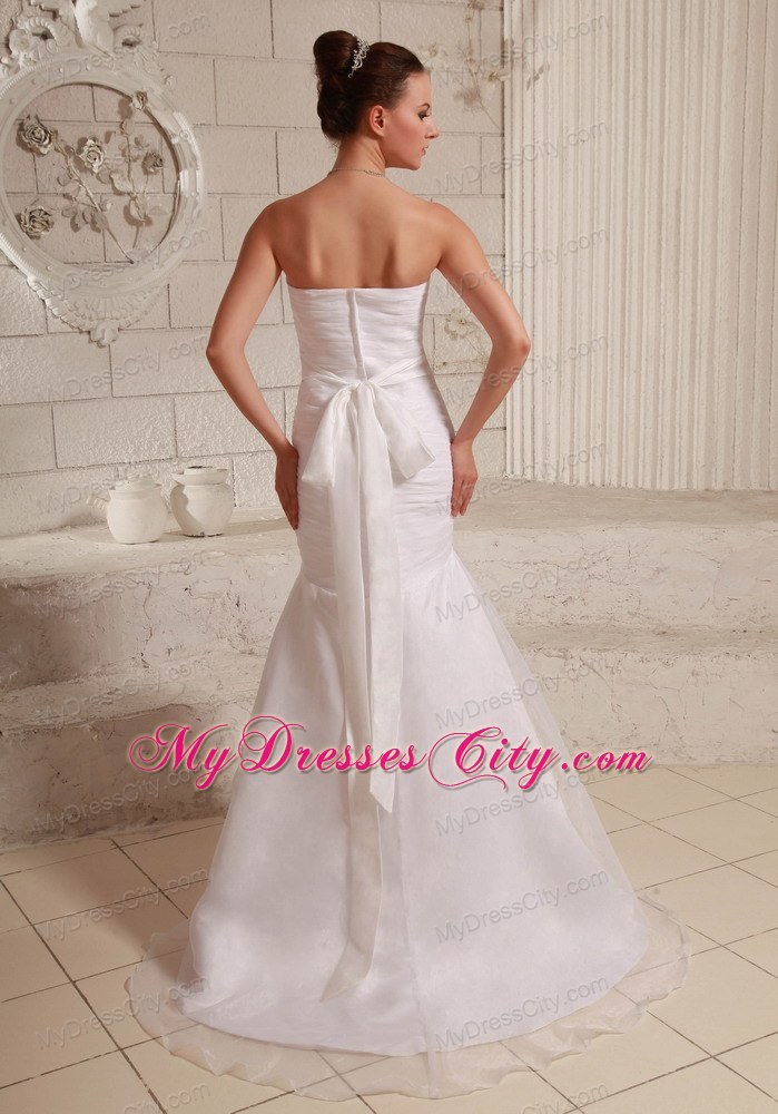 Simple Ruching Strapless Brush Train Bridal Dresses in White