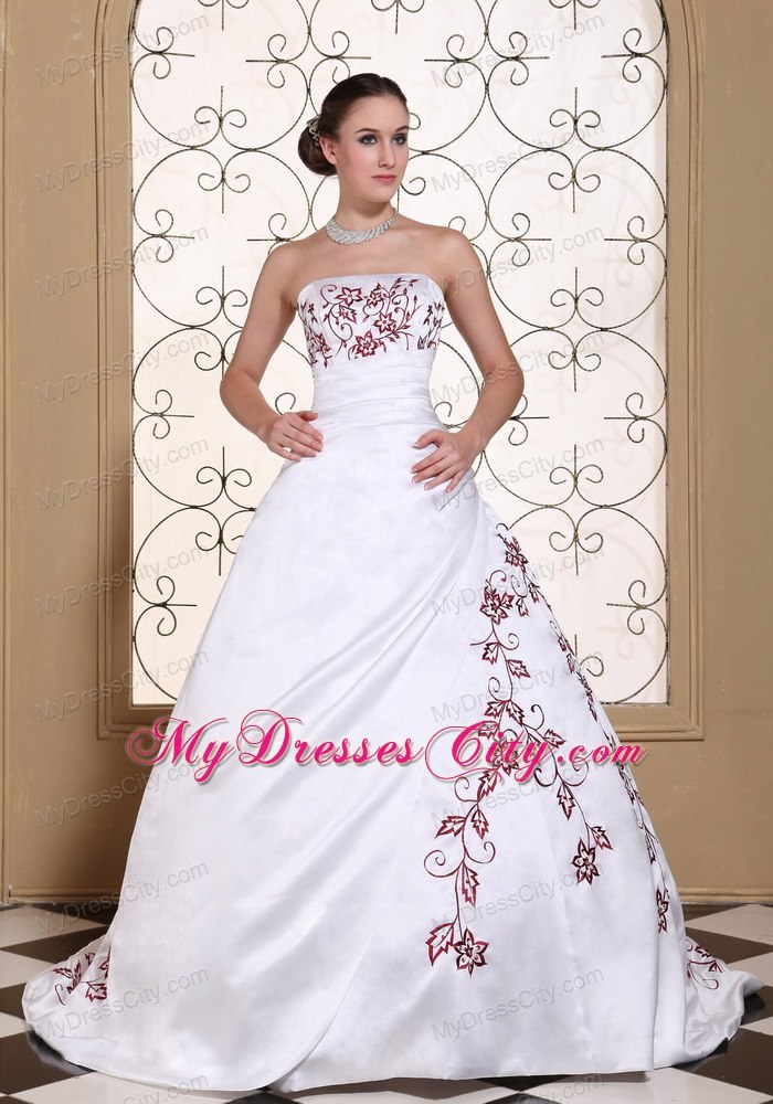 Red Embroidery On Satin Puffy Court Train Bridal Dresses