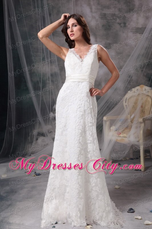 Chic Column V-neck Brush Train Lace Belt Bridal Dress