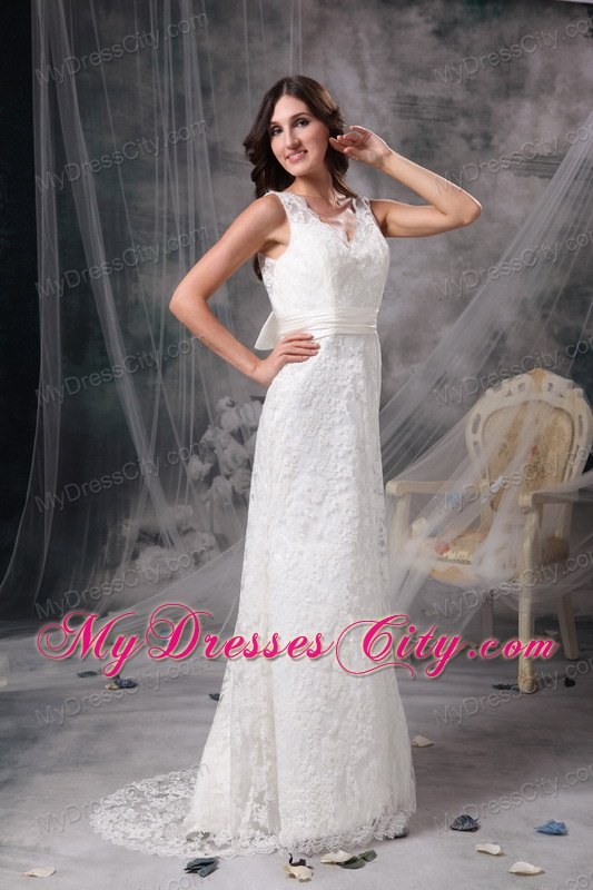 Chic Column V-neck Brush Train Lace Belt Bridal Dress