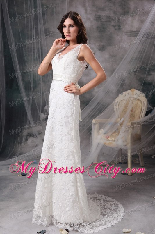 Chic Column V-neck Brush Train Lace Belt Bridal Dress