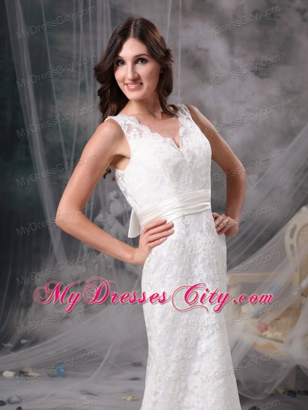 Chic Column V-neck Brush Train Lace Belt Bridal Dress