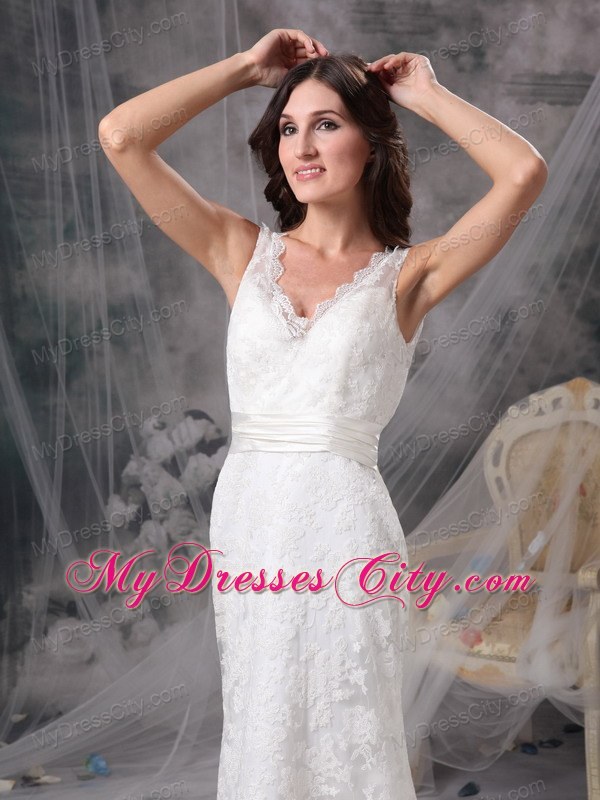 Chic Column V-neck Brush Train Lace Belt Bridal Dress