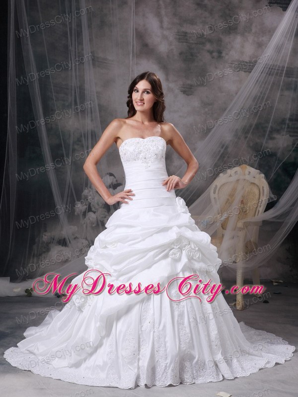 Pick-ups and Hand Made Flowers Court Train Wedding Gown