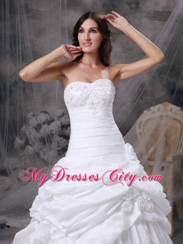 Pick-ups and Hand Made Flowers Court Train Wedding Gown