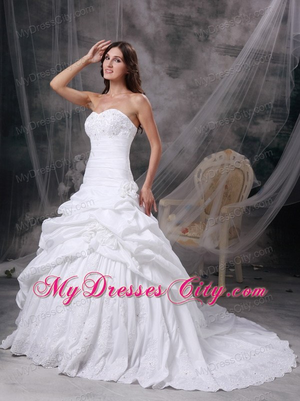 Pick-ups and Hand Made Flowers Court Train Wedding Gown